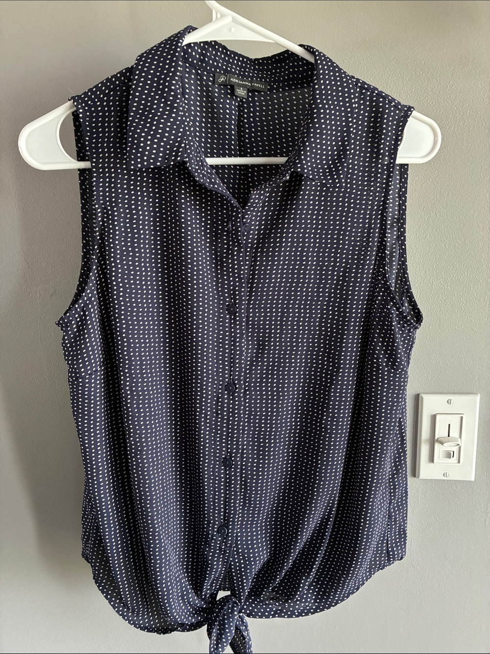 Adrienne Papell Sleeveless Navy Dot Tie-Hem Blouse